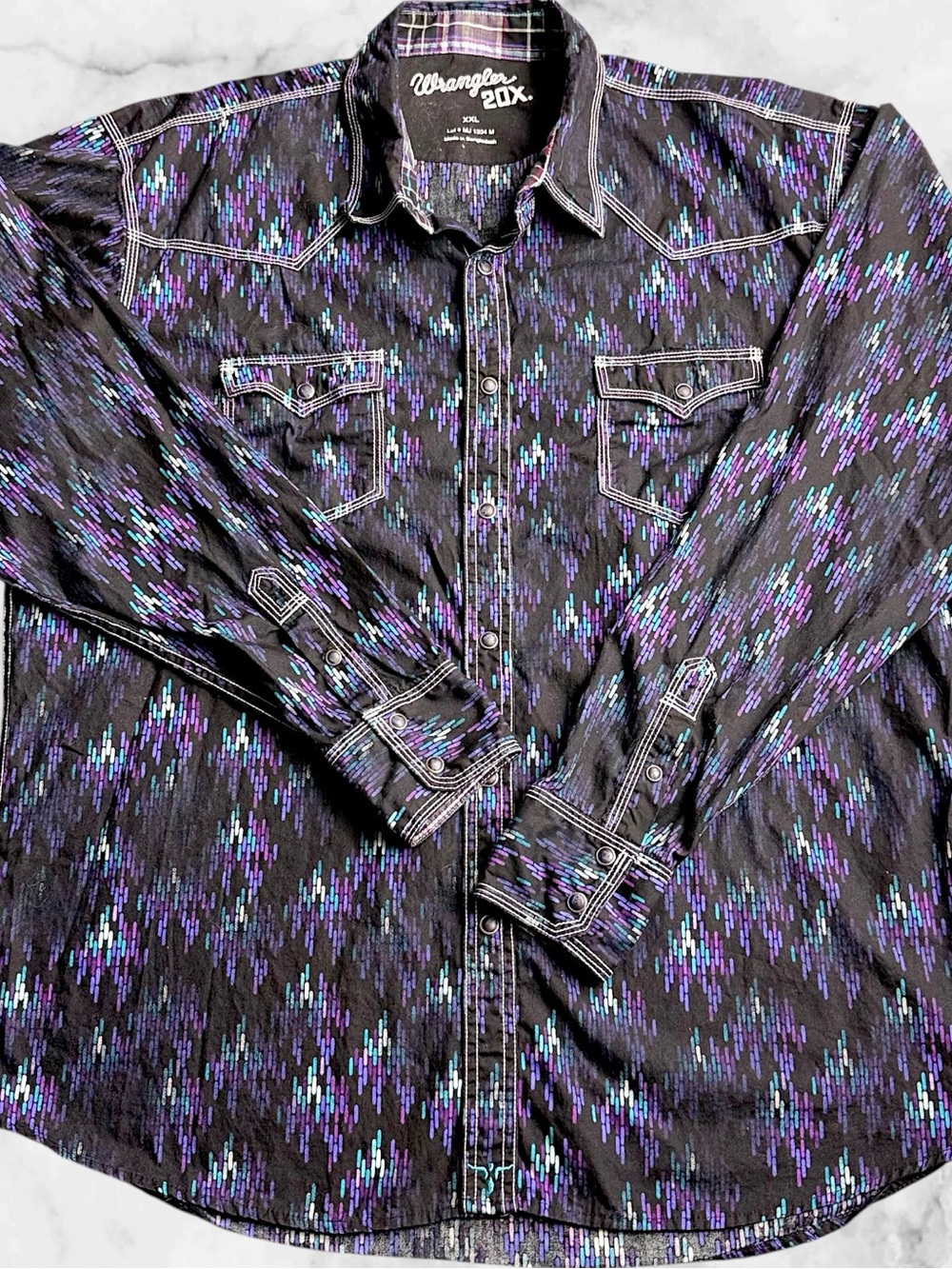 Wrangler 20X Mens XXL Black Purple Aztec Western Pearl Snap Shirt Cowboy Rodeo